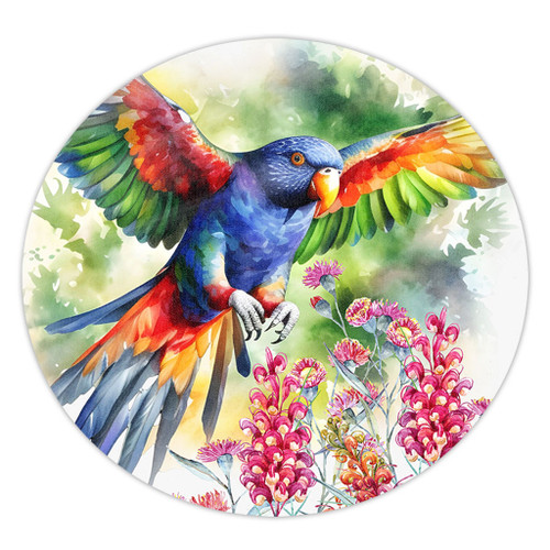 Australia Rainbow Lorikeets Round Rug - Rainbow Lorikeets Flying With Grevillea Flowers Art Round Rug