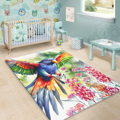 Australia Rainbow Lorikeets Area Rug - Rainbow Lorikeets Flying With Grevillea Flowers Art Area Rug Australia Rainbow Lorikeets Area Rug - Rainbow Lorikeets Flying With Grevillea Flowers Art Area Rug