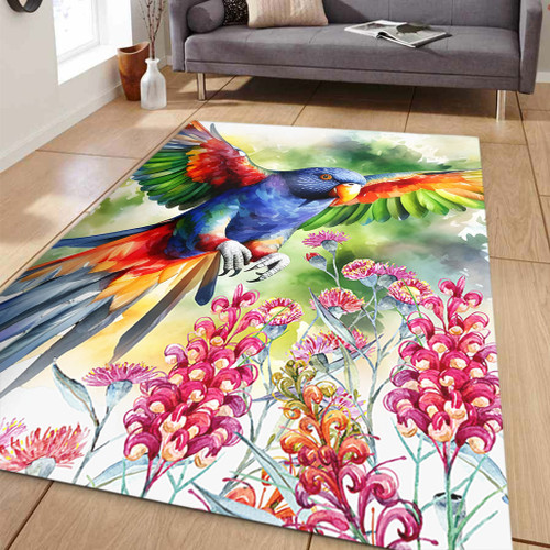 Australia Rainbow Lorikeets Area Rug - Rainbow Lorikeets Flying With Grevillea Flowers Art Area Rug