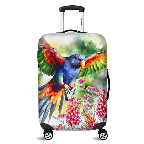 Australia Rainbow Lorikeets Luggage Cover - Rainbow Lorikeets Flying With Grevillea Flowers Art Luggage Cover Australia Rainbow Lorikeets Luggage Cover - Rainbow Lorikeets Flying With Grevillea Flowers Art Luggage Cover