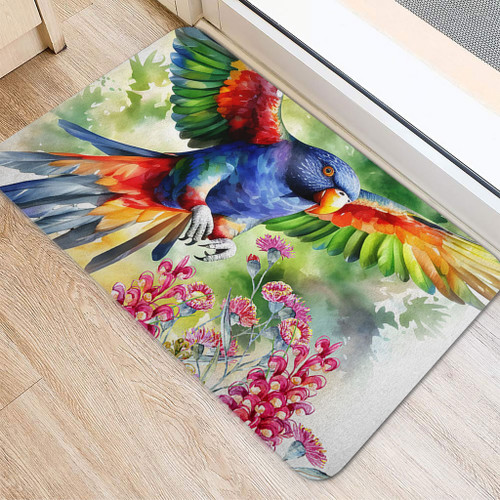 Australia Rainbow Lorikeets Doormat - Rainbow Lorikeets Flying With Grevillea Flowers Art Doormat Australia Rainbow Lorikeets Doormat - Rainbow Lorikeets Flying With Grevillea Flowers Art Doormat
