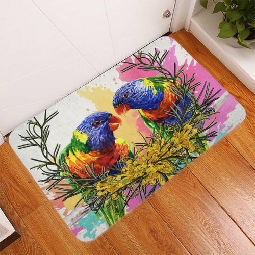 Australia Rainbow Lorikeets Doormat - Rainbow Lorikeets With Grevillea Flowers Doormat Australia Rainbow Lorikeets Doormat - Rainbow Lorikeets With Grevillea Flowers Doormat