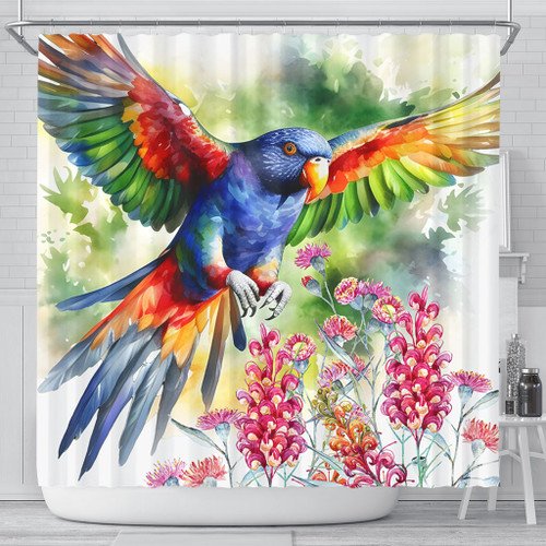 Australia Rainbow Lorikeets Shower Curtain - Rainbow Lorikeets Flying With Grevillea Flowers Art Shower Curtain