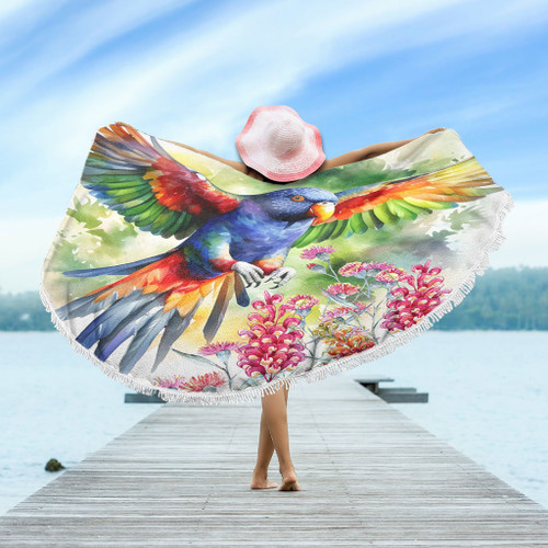 Australia Rainbow Lorikeets Beach Blanket - Rainbow Lorikeets Flying With Grevillea Flowers Art Beach Blanket Australia Rainbow Lorikeets Beach Blanket - Rainbow Lorikeets Flying With Grevillea Flowers Art Beach Blanket