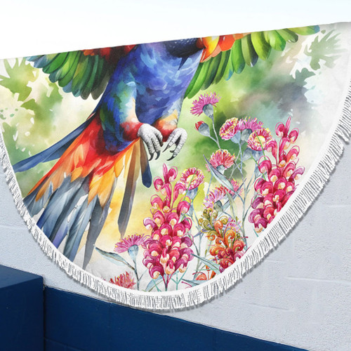 Australia Rainbow Lorikeets Beach Blanket - Rainbow Lorikeets Flying With Grevillea Flowers Art Beach Blanket Australia Rainbow Lorikeets Beach Blanket - Rainbow Lorikeets Flying With Grevillea Flowers Art Beach Blanket