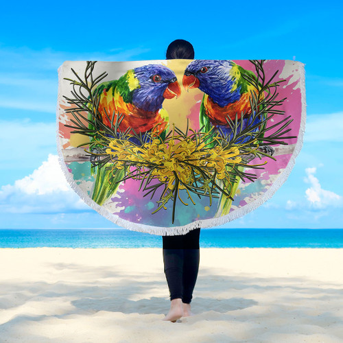 Australia Rainbow Lorikeets Beach Blanket - Rainbow Lorikeets With Grevillea Flowers Beach Blanket Australia Rainbow Lorikeets Beach Blanket - Rainbow Lorikeets With Grevillea Flowers Beach Blanket