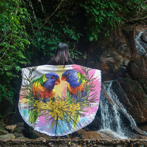 Australia Rainbow Lorikeets Beach Blanket - Rainbow Lorikeets With Grevillea Flowers Beach Blanket Australia Rainbow Lorikeets Beach Blanket - Rainbow Lorikeets With Grevillea Flowers Beach Blanket