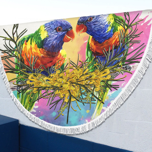 Australia Rainbow Lorikeets Beach Blanket - Rainbow Lorikeets With Grevillea Flowers Beach Blanket Australia Rainbow Lorikeets Beach Blanket - Rainbow Lorikeets With Grevillea Flowers Beach Blanket