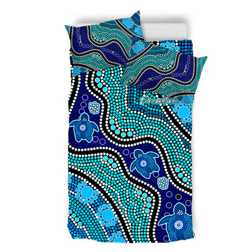 Australia Turtles Aboriginal Bedding Set - River And Turtles Dot Art Painting Blue Bedding Set Australia Turtles Aboriginal Bedding Set - River And Turtles Dot Art Painting Blue Bedding Set