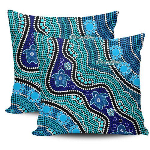 Australia Turtles Aboriginal Pillow Cases - River And Turtles Dot Art Painting Blue Pillow Cases