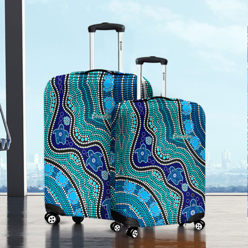 Australia Turtles Aboriginal Luggage Cover - River And Turtles Dot Art Painting Blue Luggage Cover Australia Turtles Aboriginal Luggage Cover - River And Turtles Dot Art Painting Blue Luggage Cover