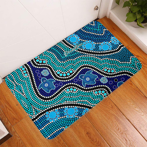 Australia Turtles Aboriginal Doormat - River And Turtles Dot Art Painting Blue Doormat