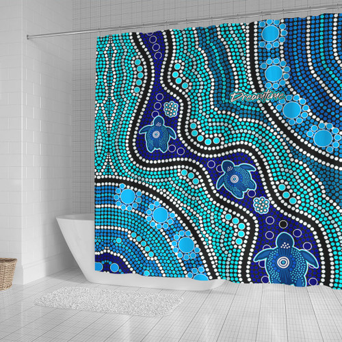 Australia Turtles Aboriginal Shower Curtain - River And Turtles Dot Art Painting Blue Shower Curtain