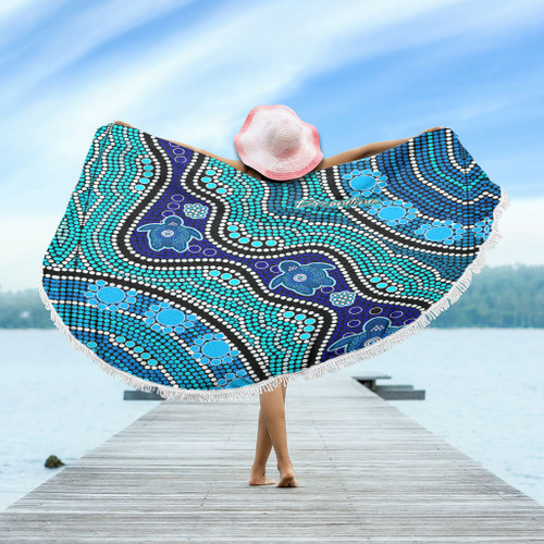 Australia Turtles Aboriginal Beach Blanket - River And Turtles Dot Art Painting Blue Beach Blanket Australia Turtles Aboriginal Beach Blanket - River And Turtles Dot Art Painting Blue Beach Blanket