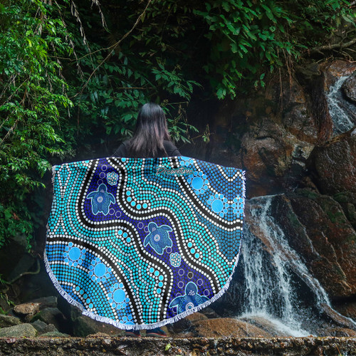 Australia Turtles Aboriginal Beach Blanket - River And Turtles Dot Art Painting Blue Beach Blanket Australia Turtles Aboriginal Beach Blanket - River And Turtles Dot Art Painting Blue Beach Blanket