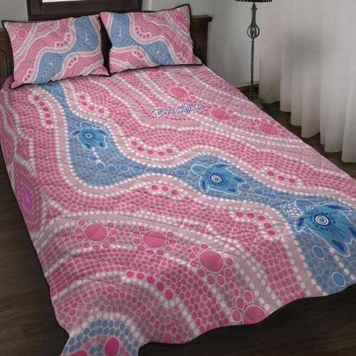 Australia Turtles Aboriginal Quilt Bed Set - River And Turtles Dot Art Painting Pink Quilt Bed Set