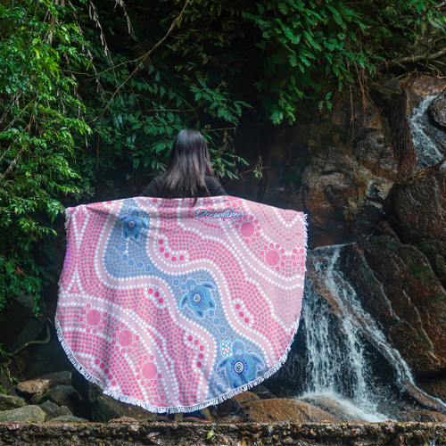 Australia Turtles Aboriginal Beach Blanket - River And Turtles Dot Art Painting Pink Beach Blanket Australia Turtles Aboriginal Beach Blanket - River And Turtles Dot Art Painting Pink Beach Blanket