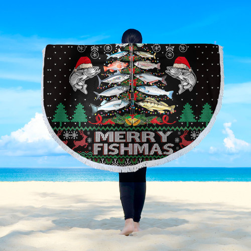 Australia Christmas Fishing Beach Blanket - Merrry Fishmas Fishing Rod Christmas Tree Beach Blanket