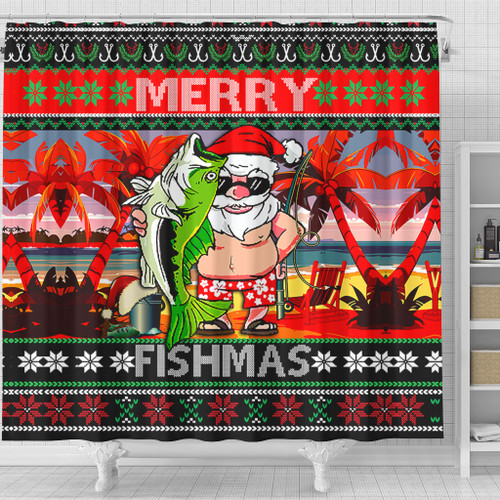 Australia Christmas Fishing Shower Curtain - Merrry Fishmas Angler Santa Claus Shower Curtain