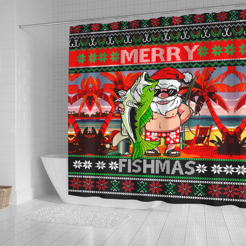 Australia Christmas Fishing Shower Curtain - Merrry Fishmas Angler Santa Claus Shower Curtain
