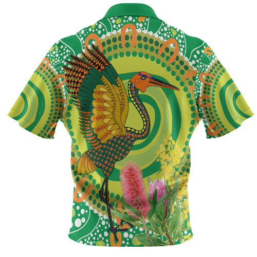 Australia Aboriginal Polo Shirt - Brolga Bird Dancing With Australia Native Flowers V2 Polo Shirt Australia Aboriginal Polo Shirt - Brolga Bird Dancing With Australia Native Flowers V2 Polo Shirt