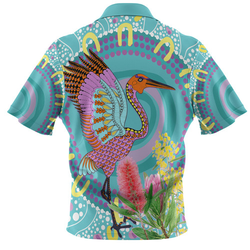 Australia Aboriginal Polo Shirt - Brolga Bird Dancing With Australia Native Flowers V3 Polo Shirt Australia Aboriginal Polo Shirt - Brolga Bird Dancing With Australia Native Flowers V3 Polo Shirt