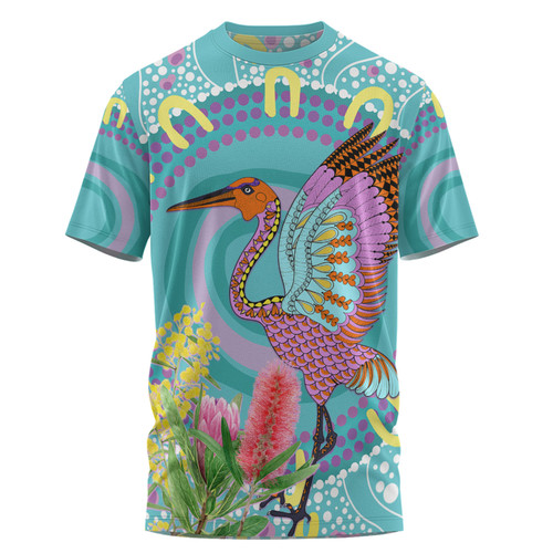 Australia Aboriginal T-shirt - Brolga Bird Dancing With Australia Native Flowers V3 T-shirt