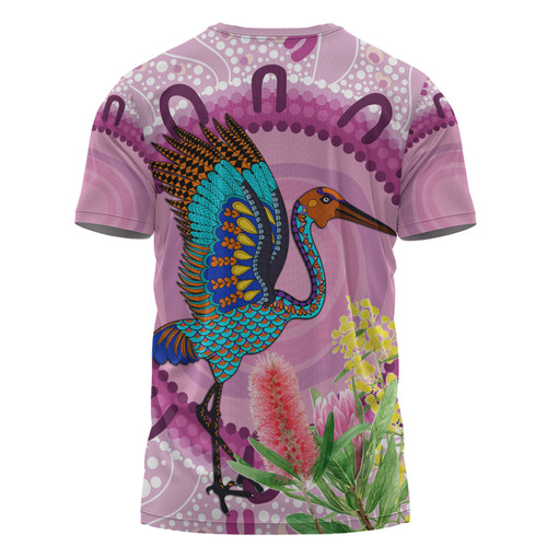 Australia Aboriginal T-shirt - Brolga Bird Dancing With Australia Native Flowers T-shirt Australia Aboriginal T-shirt - Brolga Bird Dancing With Australia Native Flowers T-shirt