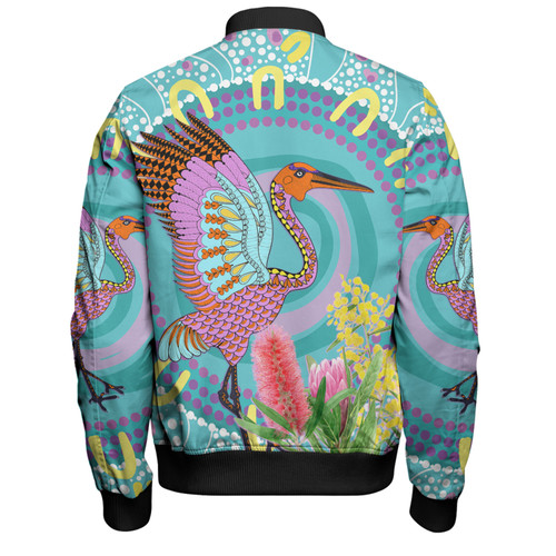 Australia Aboriginal Bomber Jacket - Brolga Bird Dancing With Australia Native Flowers V3 Bomber Jacket Australia Aboriginal Bomber Jacket - Brolga Bird Dancing With Australia Native Flowers V3 Bomber Jacket