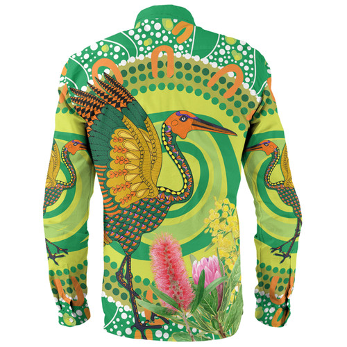 Australia Aboriginal Long Sleeve Shirt - Brolga Bird Dancing With Australia Native Flowers V2 Long Sleeve Shirt Australia Aboriginal Long Sleeve Shirt - Brolga Bird Dancing With Australia Native Flowers V2 Long Sleeve Shirt