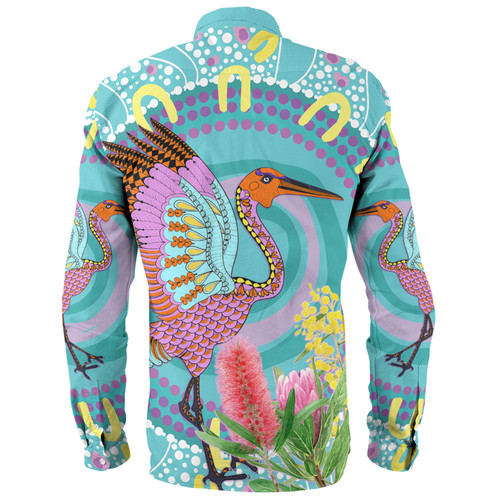 Australia Aboriginal Long Sleeve Shirt - Brolga Bird Dancing With Australia Native Flowers V3 Long Sleeve Shirt Australia Aboriginal Long Sleeve Shirt - Brolga Bird Dancing With Australia Native Flowers V3 Long Sleeve Shirt