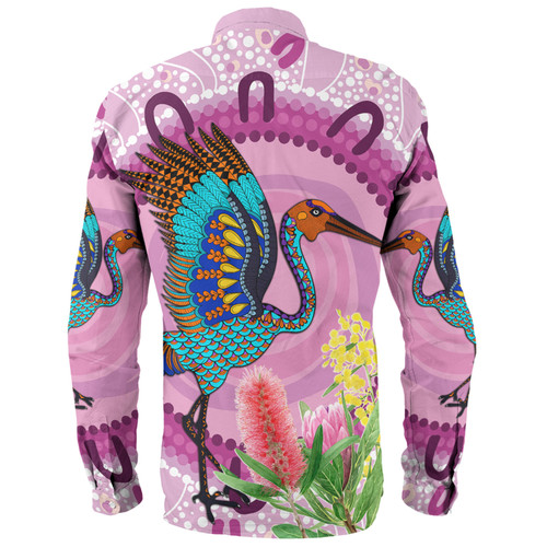 Australia Aboriginal Long Sleeve Shirt - Brolga Bird Dancing With Australia Native Flowers Long Sleeve Shirt Australia Aboriginal Long Sleeve Shirt - Brolga Bird Dancing With Australia Native Flowers Long Sleeve Shirt