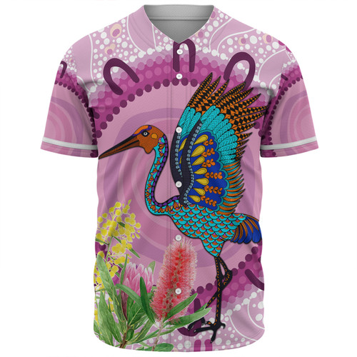 Australia Aboriginal Baseball Shirt - Brolga Bird Dancing With Australia Native Flowers Baseball Shirt