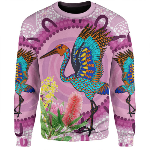 Australia Aboriginal Sweatshirt - Brolga Bird Dancing With Australia Native Flowers Sweatshirt