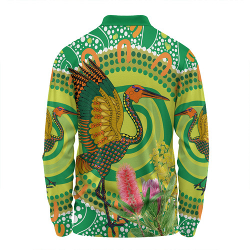 Australia Aboriginal Long Sleeve Polo Shirt - Brolga Bird Dancing With Australia Native Flowers V2 Long Sleeve Polo Shirt Australia Aboriginal Long Sleeve Polo Shirt - Brolga Bird Dancing With Australia Native Flowers V2 Long Sleeve Polo Shirt