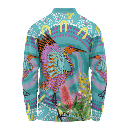 Australia Aboriginal Long Sleeve Polo Shirt - Brolga Bird Dancing With Australia Native Flowers V3 Long Sleeve Polo Shirt Australia Aboriginal Long Sleeve Polo Shirt - Brolga Bird Dancing With Australia Native Flowers V3 Long Sleeve Polo Shirt