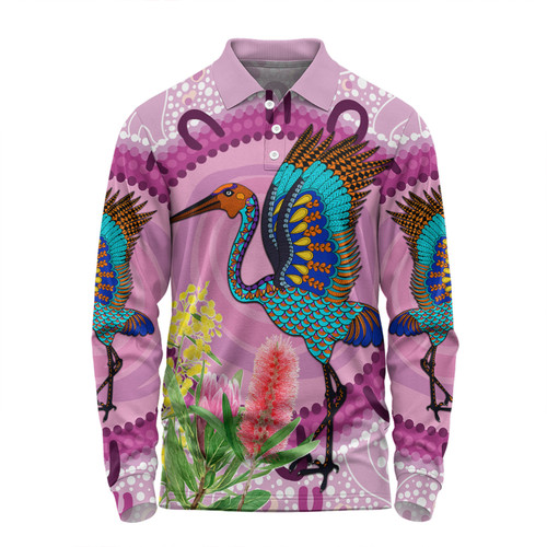 Australia Aboriginal Long Sleeve Polo Shirt - Brolga Bird Dancing With Australia Native Flowers Long Sleeve Polo Shirt