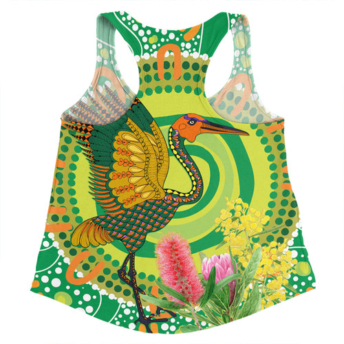 Australia Aboriginal Women Racerback Singlet - Brolga Bird Dancing With Australia Native Flowers V2 Women Racerback Singlet