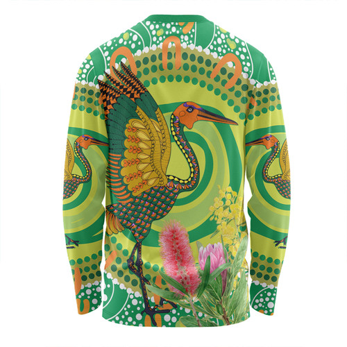 Australia Aboriginal Long Sleeve T-shirt - Brolga Bird Dancing With Australia Native Flowers V2 Long Sleeve T-shirt Australia Aboriginal Long Sleeve T-shirt - Brolga Bird Dancing With Australia Native Flowers V2 Long Sleeve T-shirt