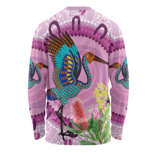 Australia Aboriginal Long Sleeve T-shirt - Brolga Bird Dancing With Australia Native Flowers Long Sleeve T-shirt Australia Aboriginal Long Sleeve T-shirt - Brolga Bird Dancing With Australia Native Flowers Long Sleeve T-shirt