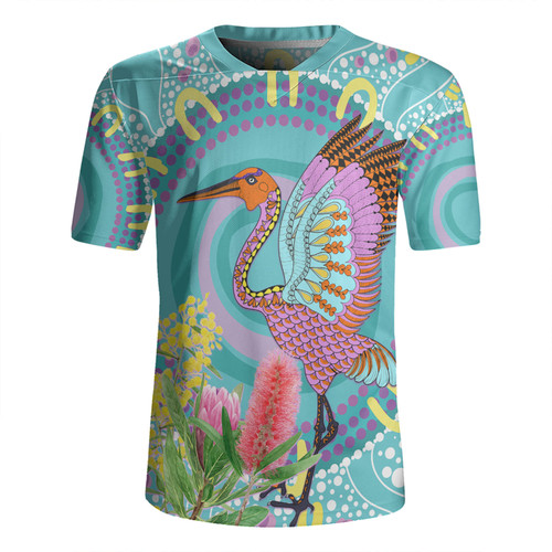 Australia Aboriginal Rugby Jersey - Brolga Bird Dancing With Australia Native Flowers V3 Rugby Jersey