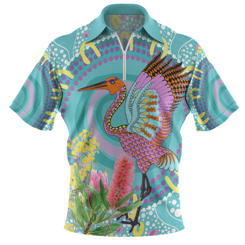 Australia Aboriginal Zip Polo Shirt - Brolga Bird Dancing With Australia Native Flowers V3 Zip Polo Shirt