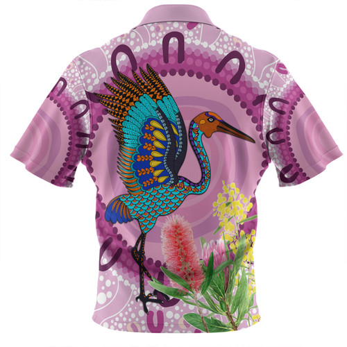 Australia Aboriginal Zip Polo Shirt - Brolga Bird Dancing With Australia Native Flowers Zip Polo Shirt Australia Aboriginal Zip Polo Shirt - Brolga Bird Dancing With Australia Native Flowers Zip Polo Shirt