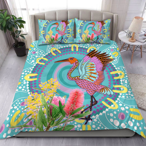 Australia Aboriginal Bedding Set - Brolga Bird Dancing With Australia Native Flowers V3 Bedding Set