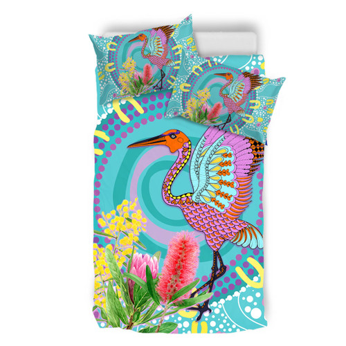 Australia Aboriginal Bedding Set - Brolga Bird Dancing With Australia Native Flowers V3 Bedding Set Australia Aboriginal Bedding Set - Brolga Bird Dancing With Australia Native Flowers V3 Bedding Set