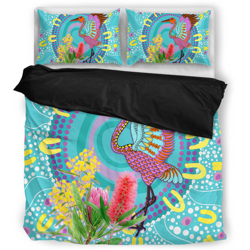 Australia Aboriginal Bedding Set - Brolga Bird Dancing With Australia Native Flowers V3 Bedding Set Australia Aboriginal Bedding Set - Brolga Bird Dancing With Australia Native Flowers V3 Bedding Set
