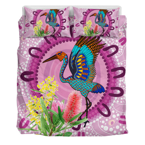 Australia Aboriginal Bedding Set - Brolga Bird Dancing With Australia Native Flowers Bedding Set Australia Aboriginal Bedding Set - Brolga Bird Dancing With Australia Native Flowers Bedding Set
