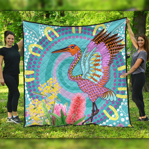 Australia Aboriginal Quilt - Brolga Bird Dancing With Australia Native Flowers V3 Quilt Australia Aboriginal Quilt - Brolga Bird Dancing With Australia Native Flowers V3 Quilt