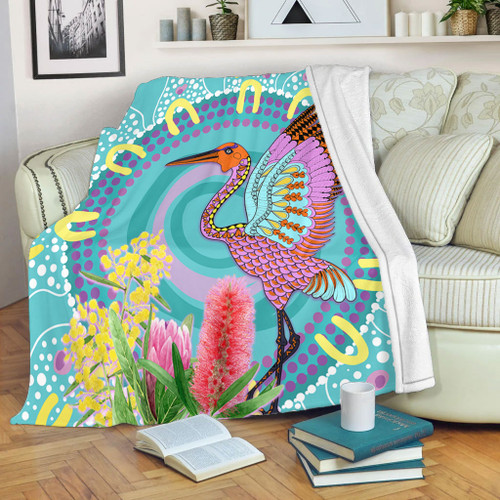 Australia Aboriginal Blanket - Brolga Bird Dancing With Australia Native Flowers V3 Blanket Australia Aboriginal Blanket - Brolga Bird Dancing With Australia Native Flowers V3 Blanket