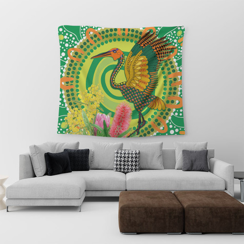 Australia Aboriginal Tapestry - Brolga Bird Dancing With Australia Native Flowers V2 Tapestry Australia Aboriginal Tapestry - Brolga Bird Dancing With Australia Native Flowers V2 Tapestry